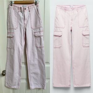 Zara Pink & White Striped 100% Cotton Relaxed Fit Cargo Pants. Size 0